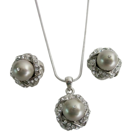 Affordable Taupe Pearls Rhinestones Inexpensive Bridesmaid Jewelry Set