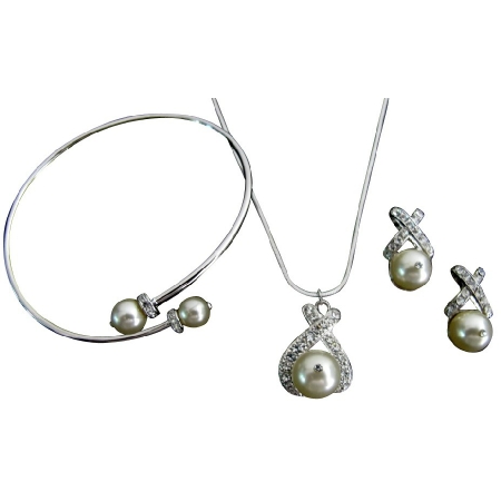 Gift Jewelry Cream Pearls Pendant Necklace Earrings Cuff Bracelet