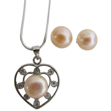 Heart Shaped Freshwater Peach Pearls Pendant & Earrings Set