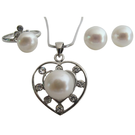 Oyster Shell White Pearls Heart Pendant Stud Earring & Ring