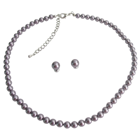 Mauve Purple Jewelry Set Graduation Pearl Necklace & Stud Earrings