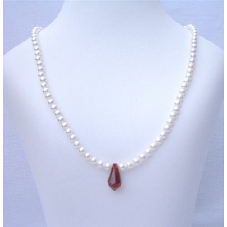 Flower Girl White Pearls Jewelry Siam Red Crystals Teardrop Necklace