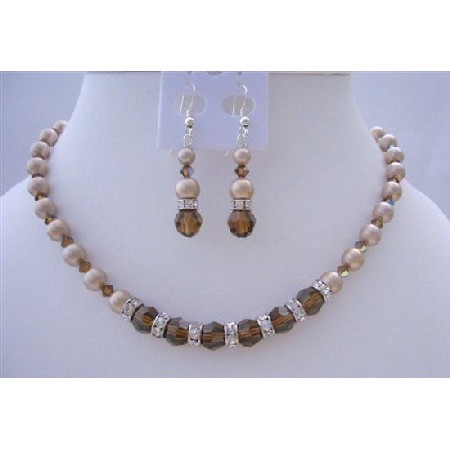 Bronze Pearls Smoked Topaz Crystals Silver Rondells Bridal Jewelry Set