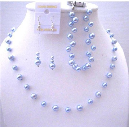 Bridesmaid Blue Pearls Jewelry Handcrafted Necklace & Earrings Set