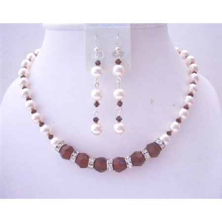 White Pearls Dark Siam Red Crystals Bridal Handcrafted Necklace Set