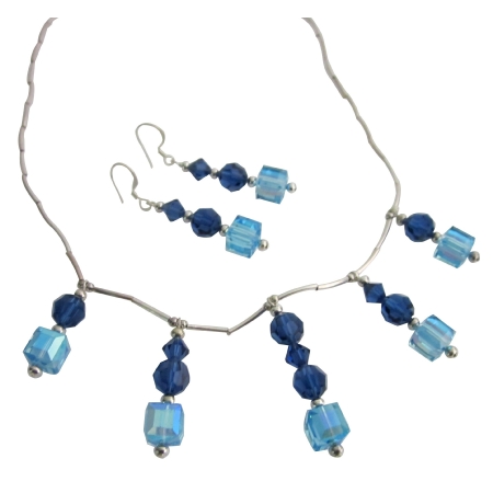 Aquamarine Metallic Blue Crystal Silver Pipe Wedding Jewelry
