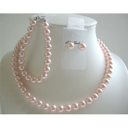 Lite Pink 8mm Pearls Bridesmaid Jewelry Handcrated Set