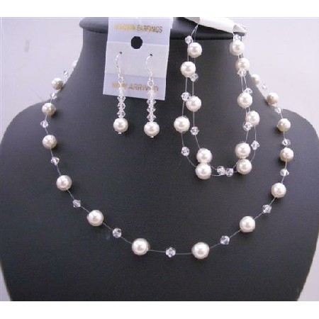Clear Crystals White Pearls Necklace Wedding Handcrafted Jewelry Set