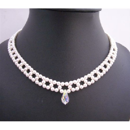 Bridal White Pearls Choker Necklace AB Crystals Teardrop Handcrafted