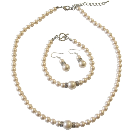 Bridal Ivory Pearls Jewelry Complete Set Necklace Earrings & Bracelet
