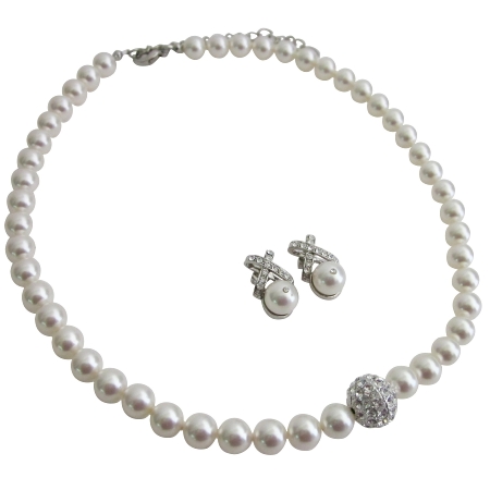 White Pearls 8mm Bridal Jewelry Cubic Zircon Ball Pendant Stud Earring