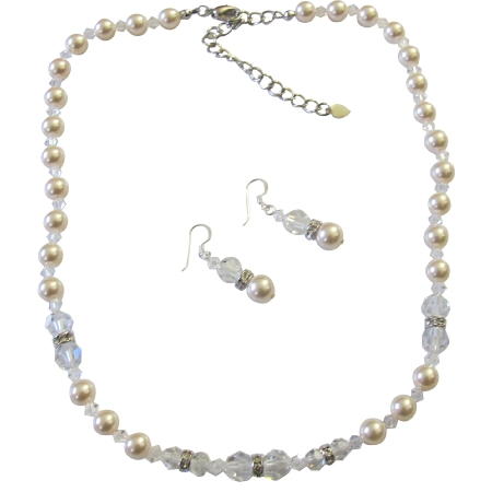 Handmade Bridal Jewelry Ivory Pearls Clear Crystals w/ Silver Rondells