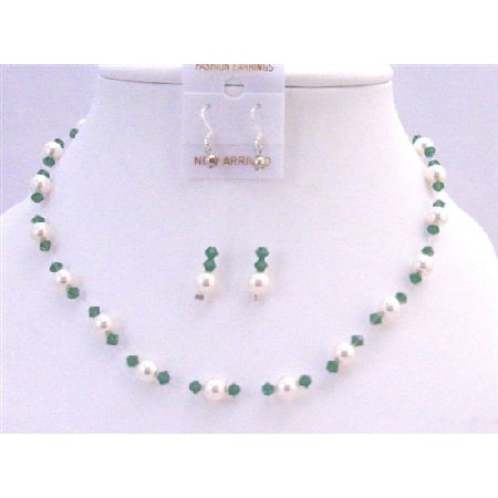 Clover Green Crystals White Pearls Swarovski Handcrafted Necklace Set