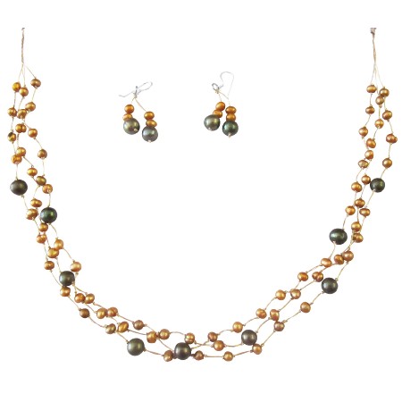 Golden Freshwater Pearls Green Pearls Three Stranded Necklace Jewelry