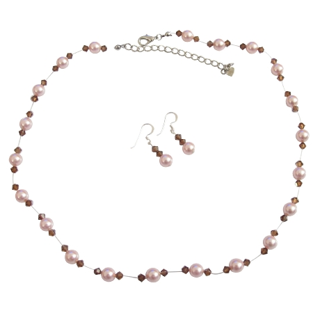Rose Pearls & Smoked Topaz Crystals Accented Invisible Necklace Set
