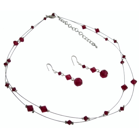 Prom Jewelry in Siam Red Crystals Jewelry Double Stranded Necklace Set