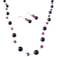 Elegant Bridesmaids Gifts Genuine Dark Purple Pearls w/ Fuschia Crystals Jewelry Set
