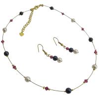 Cheap Bridesmaid Jewelry Gold Illusion Dark Purple Ivory Pearls & Fuschia Crystals Necklace Set Set
