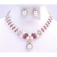 Mother Of Groom Jewelry Double Stranded Necklace Swarovski Ivory Pearsl Fuschia Crystals w/ Silver Flower Rondells & Pendant