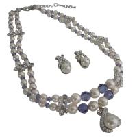 Mother Of Bride Jewelry Double Stranded Necklace Swarovski Ivory Pearsl Tanzanite w/ Silver Flower Rondells & Pendant