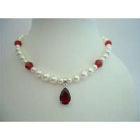 Bridal Necklace Genuine Swarovski Cream Pearls & Siam Red Crystals w/ Pendant Handcrafted