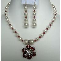 Custom Wedding JewelryPearls Necklace & Earrings Genuine White Pearls & Siam Red AB Cystals w/ Flower Pendant 