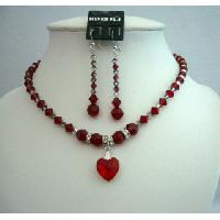 Evening Bridal & Wedding Jewelry Fine Real Jewelry Bridal & Bridesmaid Siam Red Crystals Heart Pendant Necklace Set  
