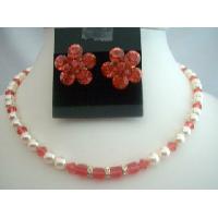Handcrafted Pearls & Crystals Wedding Jewelry Bridal Necklace Set w/ Genuine Cream Pearls & Padparadscha Crystals
