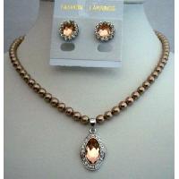 Bridal Gift Handcrafted Pearls Necklace Set Jewelry Genuine Swarovski Bronze Pearls w/ Pendant & Stud Earrings 