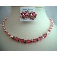 Artisan Jewelry Handcrafted Rose Pearls & Crystals Wedding Jewelry Bridal Necklace Set w/ Genuine Swarovski Pearls & Crystals
