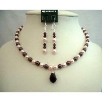 Genuine Swarovski Rosaline & Burgundy Pearls Necklace Set Bridesmaides Bridal Jewelry Moms Brides Handcrafted