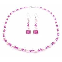 Pink Bride Bridemaids Jewelry Genuine Swarovski Rose Pink & AB Fuschia Crystals Necklace Set 
