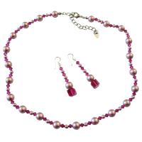 Bridemaides Brial Pink Jewelry Handcrafted Genuine Swarovski Rose Pink Pearls & Fuschia Crystals Necklace Set