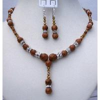 Wedding Handmade Jewelry Genuine Swarovsk Satin Topaz & Goldenstone Beads Necklace & Earrings Set 