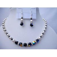 Swarovski Pearls Crystals Necklace w/ Genuine Swarovski Pearls & AB Jet Crystals Bridemaides Bridal Jewelry