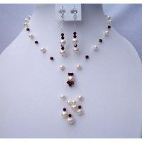 Handmade Swarovski Crystals Necklace Set Made Of Swarovski Dark Siam Red Crystals & Freshwater Pearls Jewelry 