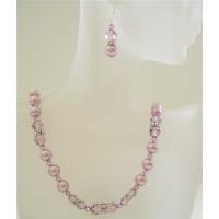 Powder Rose Pearls Jewelry w/ Amethyst Swarovsk Crystals Wedding Party Handcrafted Necklace Set 
