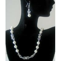 Clear Crystals Bridal Jewelry w/ Genuine Swarovski White Pearls & Clear Crystals Wedding Party Handmade Necklace Set 