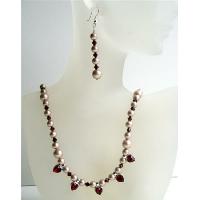 Garnet Crystals Heart Dangling Necklace Bridal Jewelry w/ Genuine Swarovski Powder Pearls & Garnet Crystals Necklace Set