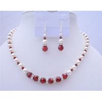 Pearls & Crystals Handcrafted Jewelry Genuine Swarovski White Pearls & Siam Red Crystals w/ Rondells Bridal Jewelry 
