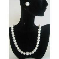 Wedding Party Jewelry Genuine Swarovski White Pearls Necklace w/ Cubic Zircon Embedded Pendant & Stud Earrings