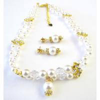 Bridal Jewelry Double Stranded Genuine Swarovski White Pearls & Swarovski Crystals Necklace w/ Gold Rondells