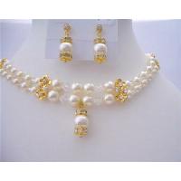 Bridal Dream Jewelry Double Stranded Genuine Swarovski Pearls & Swarovski Crystals Necklace w/ Gold Rondells