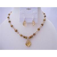 Freshwater Dyed Copper Metallic Pearls w/ Swarovski Golden Shadow Crystals Briolletts Pendant & Earrings Necklace Set
