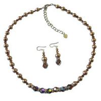 Swarovski Smoked AB Topaz Crystals Jewelry Set w/ Genuine Swarovski Bronze Pearls And Silver Rondells Necklace Set