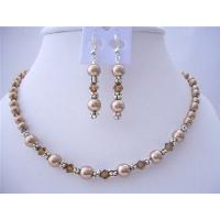 Handcrafted Custom Bridal Bridemaides Swarovski Bronze Pearls & SMoked Topaz Crystals Necklace Set w/ Bali Silver spacer Set