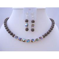 Meroon Pearls Jewelry Set w/ Genuine Swarovski Smoked Topaz 2X Crystals Necklace Set w/ Sparkling Silver Rondells