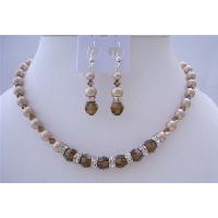 Bridemadied Pearls And Crystals Necklace Set Bronze Pearls Smoked Topaz Crystals Silver Ronndells Bridal Jewelry 