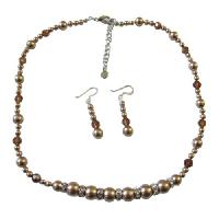 Handcrafter Custom Pearls & Swarovski Crystals Bronze Pearls Smoked Topaz Crystals Necklace SEt