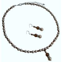 Powder Almond Pearls & Swarovski SMoked Topaz AB Crystals Handcrafted Swarovski Pearls & Crystals Wedding Jewelry Set  
